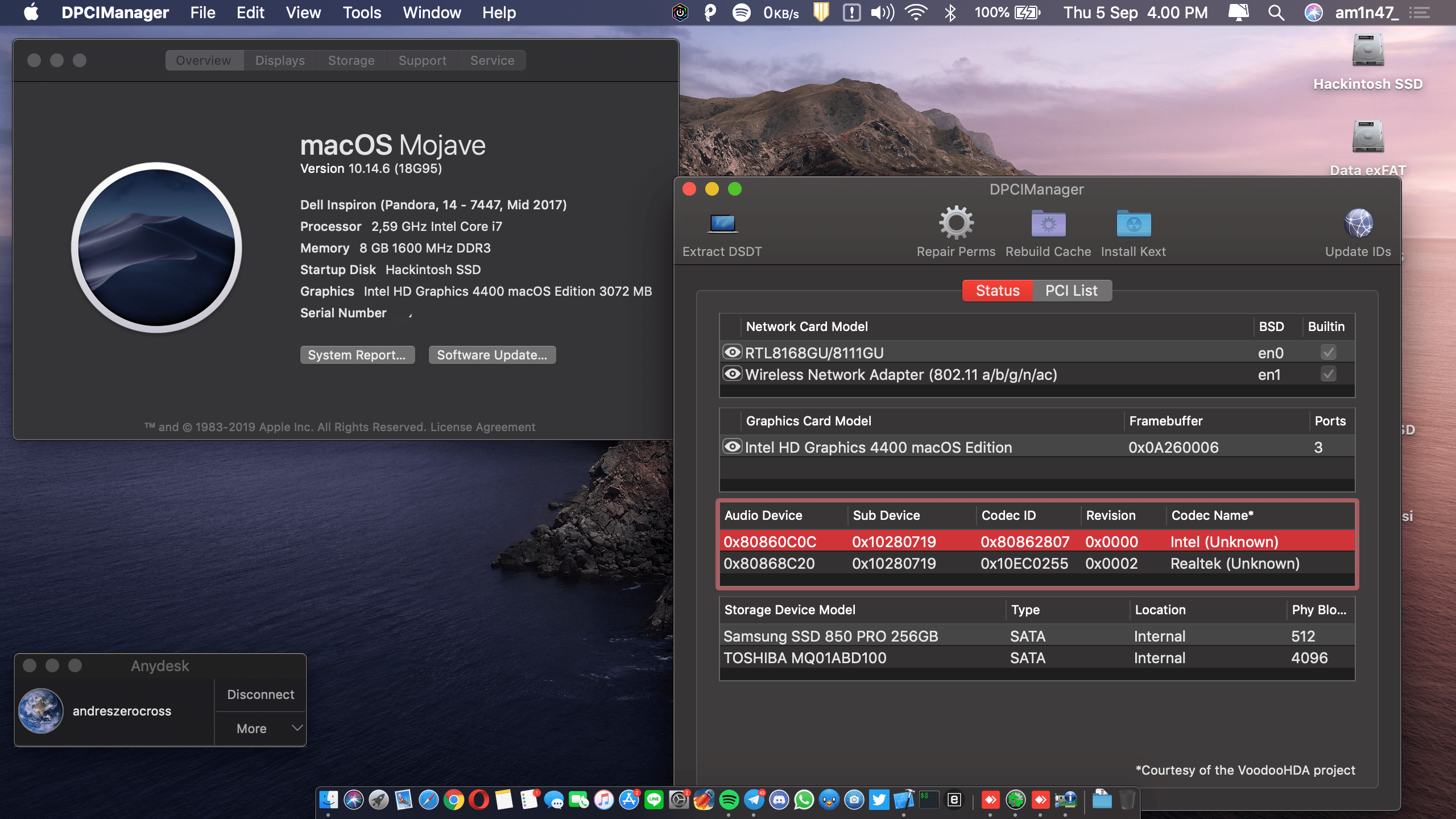 Success Hackintosh macOS Mojave 10.14.6 Build 18G95 at Dell Inspiron 14 7447 Pandora